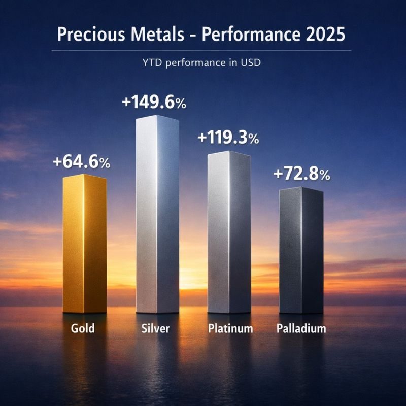 Performance-Chart 2025: Gold +64,6 %, Silber +149,6 %, Platin +119,3 %, Palladium +72,8 %