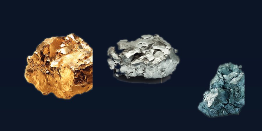 Drei verschiedene Metall-Nuggets: Gold, Silber, Germanium